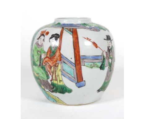 A Chinese export porcelain ginger jar, enamel decorated with figures under a pagoda, height 13cmNo chips, cracks or repairs.