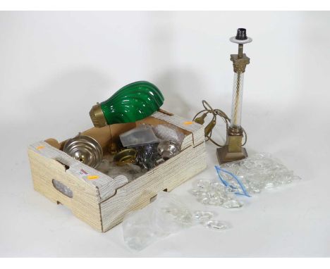 A collection of lighting, to include a contemporary Corinthian column table lamp and an Edwardian style green glass shell sha