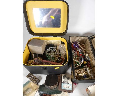 A collection of costume jewellery to include hardstone set brooches, gilt metal ring, hat pins, etc (2 boxes)