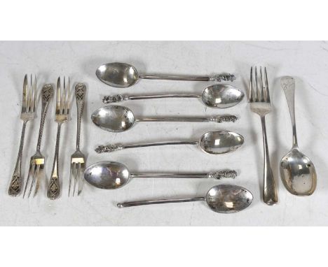 A set of six Elizabeth II silver coffee spoons, each having a seahorse terminal (one terminal missing), Birmingham 1962, toge