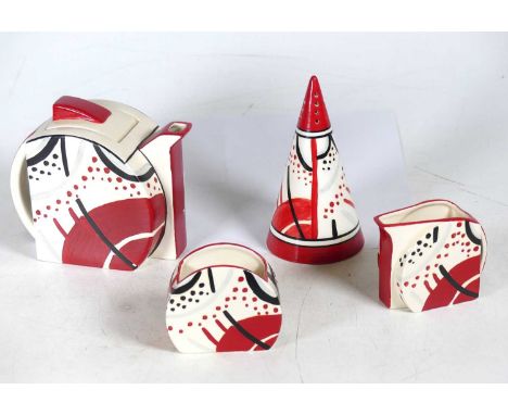 A Wedgwood three piece teaset in the Carpet pattern, after Clarice Cliff, together with a matching conical sugar sifter, h.13