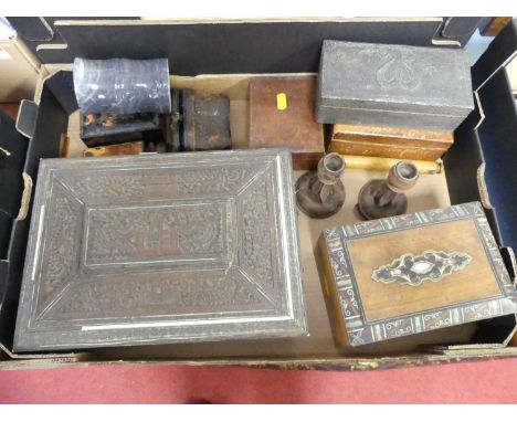 A collection of boxes to include an Arts &amp; Crafts Newlyn style twin compartment cigarette box having a hammer beaten pewt