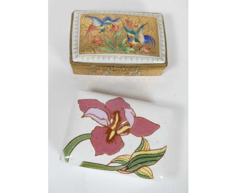 A Limoges porcelain gilt metal mounted box, the hinged cover painted with exotic birds amongst flowers on a gilt foliate grou