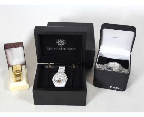 A Mathis Montabon gentleman's white ceramic cased chronograph wrist watch, boxed, together with a Casio AG-321G gilt metal qu
