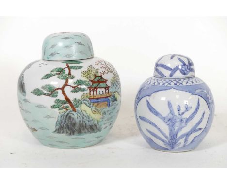 A contemporary Chinese porcelain ginger jar and cover, decorated with a landscape, bearing four character mark to the undersi