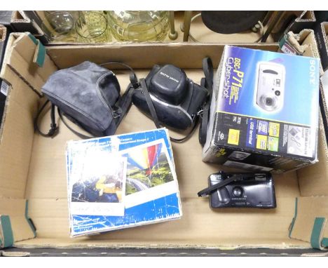 A collection of cameras to include a Minolta SRT100X, in fitted case, and a Sony DSC-P71 Cybershot digital compact camera, bo