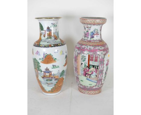 A Chinese famille rose porcelain baluster vase (drilled), with lamp fittings; together with another Chinese porcelain vase, e