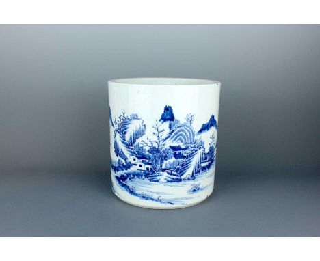 A large Chinese blue and white ‘landscape and scholars’ brush pot, 19th or 20th century. Brightly painted in underglaze cobal