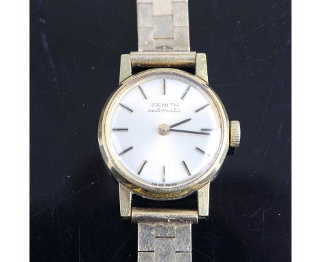 A lady's 9ct gold cased Zenith Automatic manual wind wrist watch on 9ct gold brick link bracelet with hinge deployment clasp,