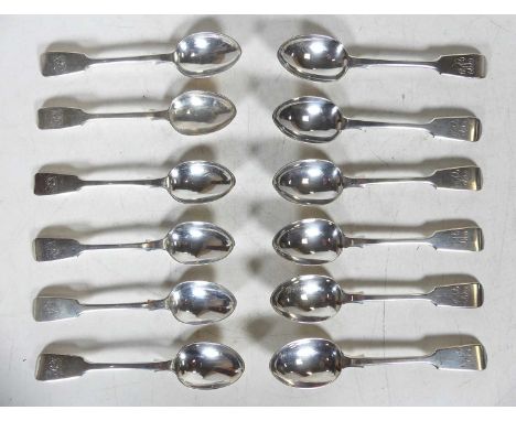 A set of six Victorian silver teaspoons in the Fiddle pattern, each with engraved monogram to the terminal, Henry Holland, Lo