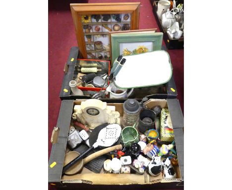 A collection of miscellaneous items to include composite figural mantel clock, novelty ceramics and kitchenalia (2 boxes) 