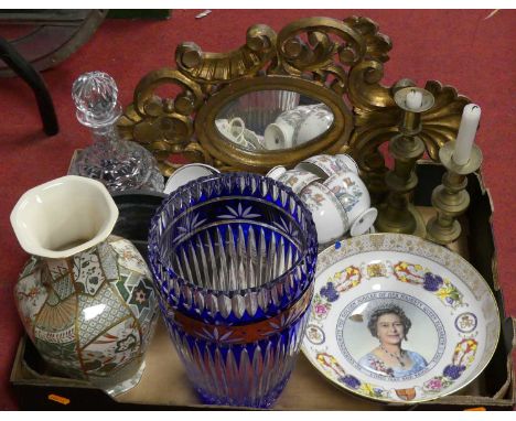 A collection of ceramics and glassware to include a contemporary blue overlaid and gilt decorated glass vase of tapered cylin