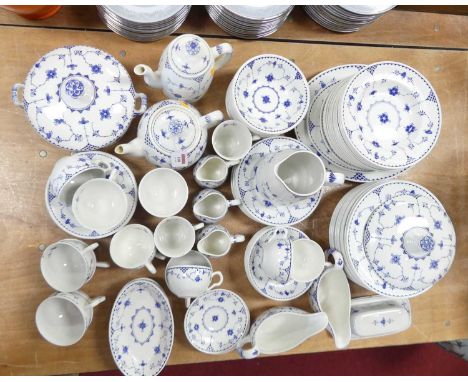 A collection of Masons and Furnivals Denmark pattern table ware to include tureens, dinner plates, meat plates, soup plates a