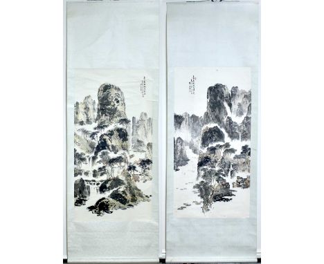 A pair of Chinese ‘Landscape’ Ink Paintings by Chen Xiaoshou, 20th century, depicting mountainous landscapes with waterfalls,
