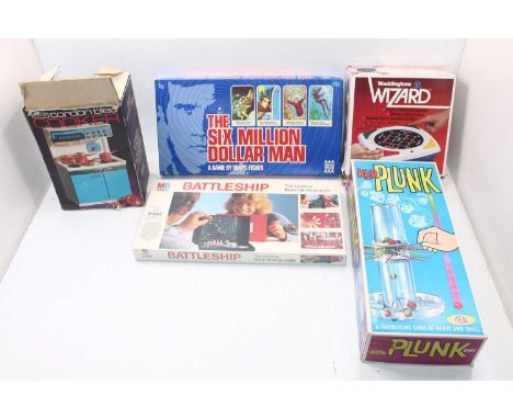 Box containing a quantitity of interactive play/board games to include; Denys Fisher Six Million Dollar Man Board Game, Waddi