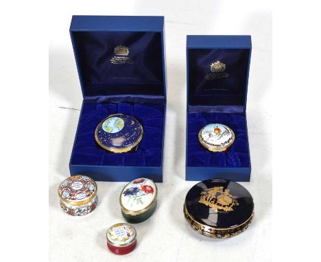 A collection of Halcyon Days enamel patch boxes to include musical example inscribed "Love Makes the World Go Round", boxed, 