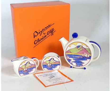 A Wedgwood three piece tea set in the Gibraltar pattern, after Clarice Cliff, limited edition of 250, boxed with certificate