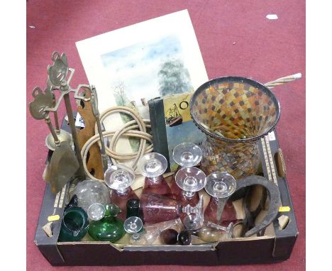 A collection of miscellaneous items to include etched glass wine glasses, fire tools, and a fret carved mirror