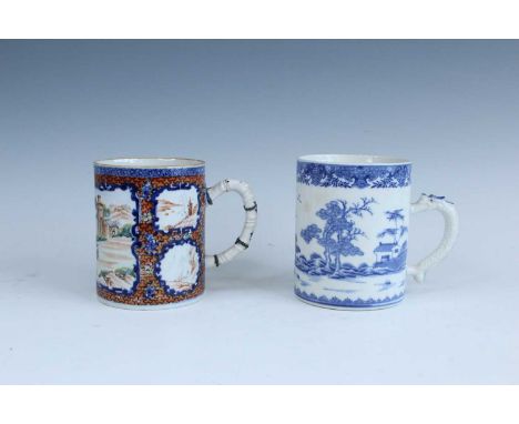 Two Chinese export porcelain mugs, Qing dynasty, 18th century. one painted in underglaze blue and overglaze enamel with figur