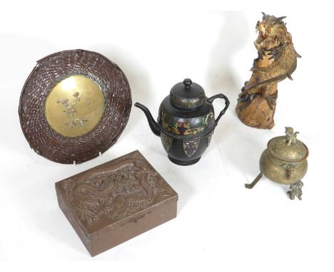 A collection of Oriental items, to include a pressed metal box and cover, decorated in high-relief with dragon amongst clouds