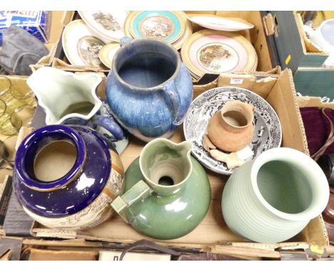 A collection of ceramics to include a Victorian style art pottery jug, having a stepped angular handle, and a bulbous lower b