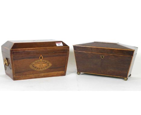 A 19th century rosewood tea caddy of sarcophagus shape, the hinged cover with conch shell marquetry inlay, opening to reveal 