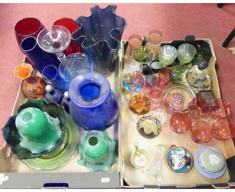 A collection of art glass to include a large blue glass handkerchief vase, height 28cm, a Mtarfa bottle vase, various cranber