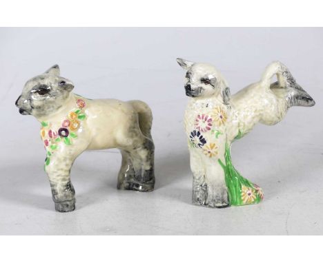 A Clarice Cliff pottery figure of a lamb, modelled leaping, printed Newport Pottery mark to the underside, h.11cm, together w