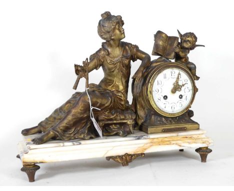 A late 19th century French figural mantel clock, the gilt spelter case with reclining figure of a lady, and surmounted by a p