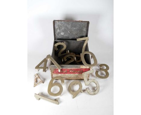A collection of mid 20th century painted metal numbered golf numbers, and 4 19th century prattware pot lids, each framed and 