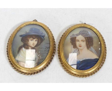 A pair of reproduction portrait miniatures in the 18th century style, in gilt metal frames wth rope twist border, oval, 8.5x6