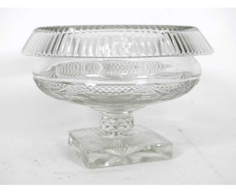 A Regency style cut glass table centrepiece, late 20th century, of squat circular form on faceted support and square foot, di