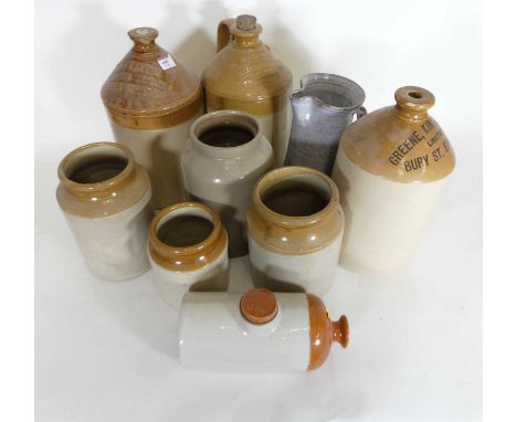A collection of stoneware jars to include Greene King &amp; Sons, Bury St Edmunds, and A&amp;E Hunter, Wine &amp; Spirit Merc