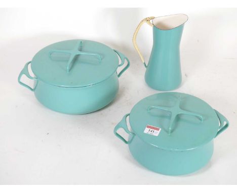 A Dansk Designs of Denmark turquoise enamelled metal tureen, of circular form, dia. 22cm, together with another smaller and a