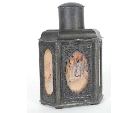 A Chinese pewter tea caddy, of hexagonal shape, bearing seal mark to the underside, h.18cm 