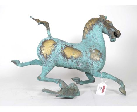 A Tang style verdigris metal model of a horse, modelled galloping, height 31cm