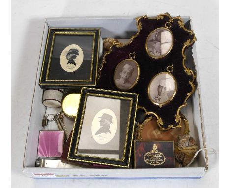 A collection of various items to include an Edwardian gilt metal mounted velvet portrait miniature stand, containing three ph