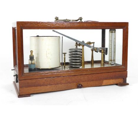 An early 20th century walnut cased barograph, bearing a label for E Lennie, Optician, Edinburgh, width 34cmThe clock mechanis