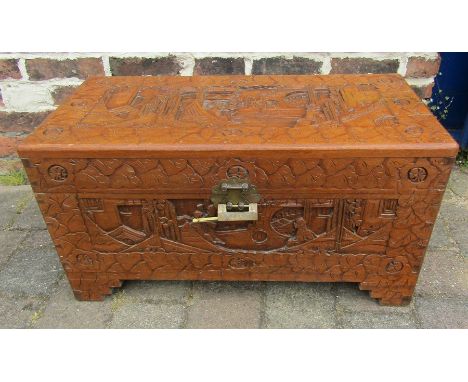 Oriental carved wooden chest / trunk with lock L 73 cm H 39 cm