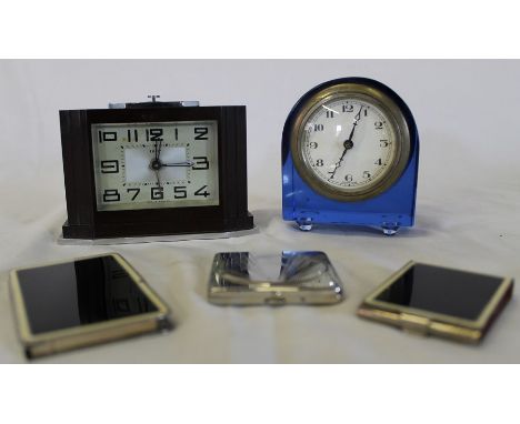DEP Art Deco bakelite clock &amp; 1 other, Boots compact, match box holder and matching notepad
