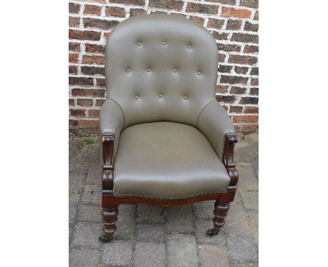 Victorian button back mahogany arm chair with scroll arm supports &amp; turned legs