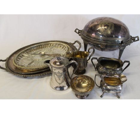 Selection of silver plate including roll top breakfast serving tureen, trays, button hook and silver teaspoon sheffield 1901 