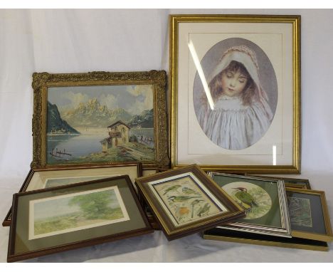 Oil on board Alpine Lake Scene signed "Rosa" and a selection of prints including signed Gordon Beningfield's etc.