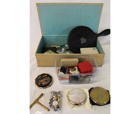 Selection of compacts, hand mirror, cufflinks, gardening medals, clock winder, pen kives etc.