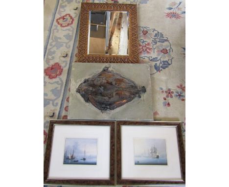 Carved bevel edged mirror, pair of prints &amp; a fish picture