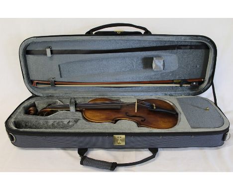 Modern violin with fitted case and bow bearing internal label "Giovanni" (back length including button 35cm)