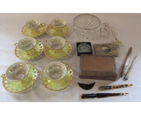 Lustre teacups and saucers, wooden box, silver plate, cut glass rose bowl etc