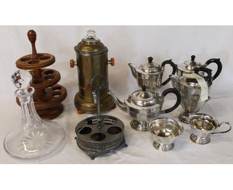 Ship's decanter, wooden egg stand, coffee maker, silver plated tea service, cruet stand and Ikea lamp with old cut glass shad