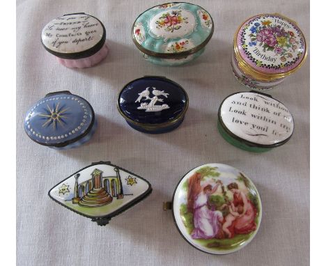 Selection of enamel patch boxes inc Halcyon Days (one with lid only)