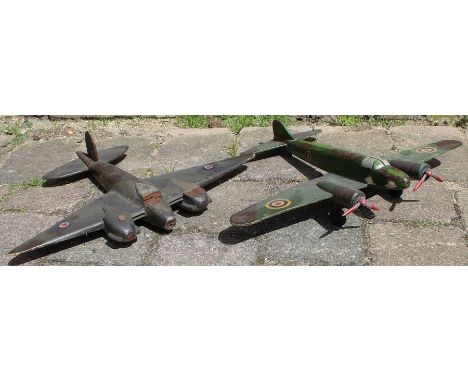 Trench art world war two era wooden Mosquito type plane and twin engine fighter type plane